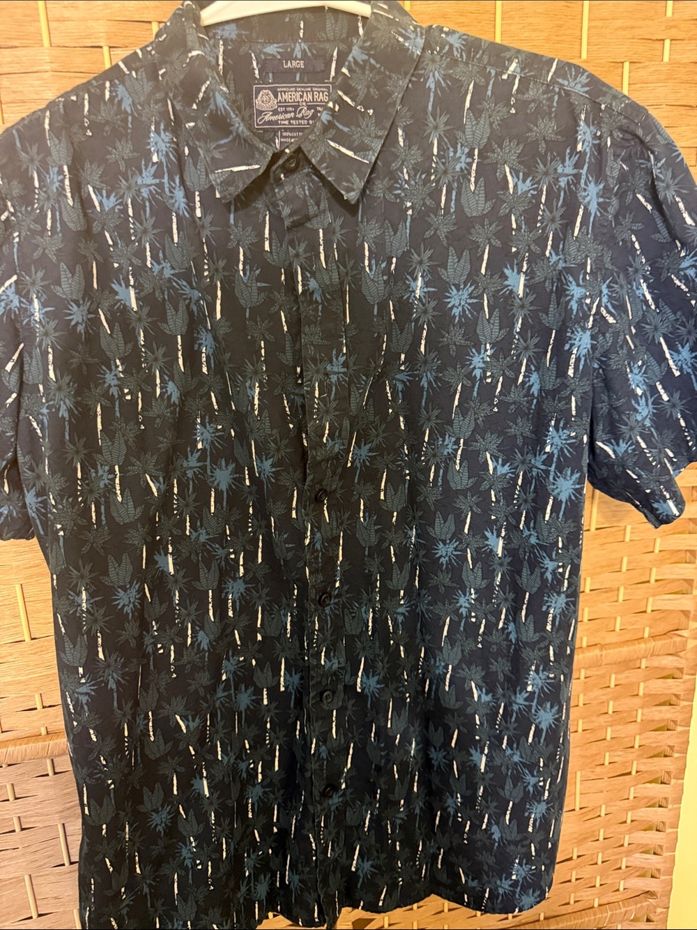 American Rag Navy Short-Sleeve Button-Down with Blue Leaf Print